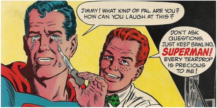 Superman : Hilariously Weird Incidents That Comic Lovers Will Enjoy ! 13 Silver Age Superman getting his tears collected by Jimmy Olsen.jpg?q=50&fit=crop&w=737&h=368&dpr=1