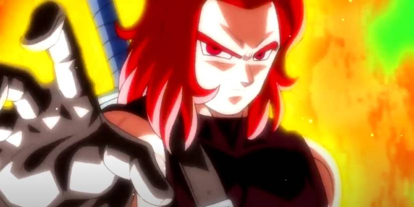 Super Saiyan God Future Trunks about to attack in Dragon Ball.