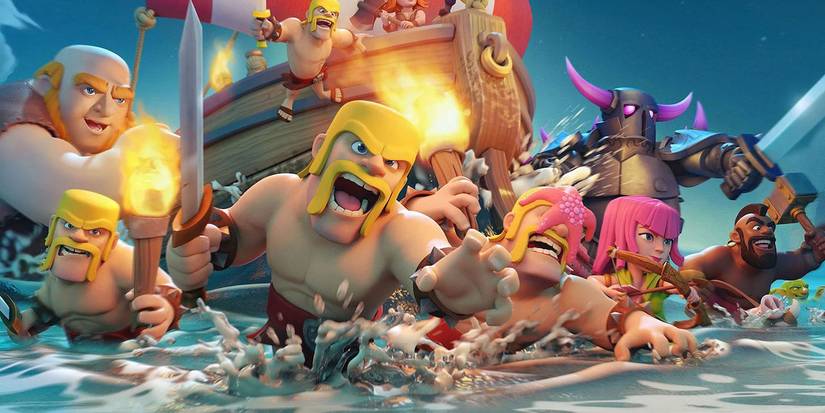 Promo image for Clash of Clans, with characters escaping a burning ship.