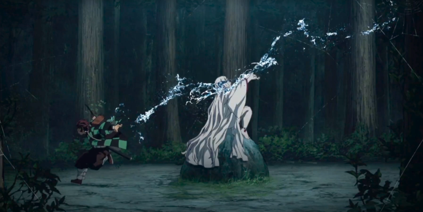Tanjiro Kamado in Demon Slayer Kimetsu no Yaiba using Water Breathing to behead the spider demon mother