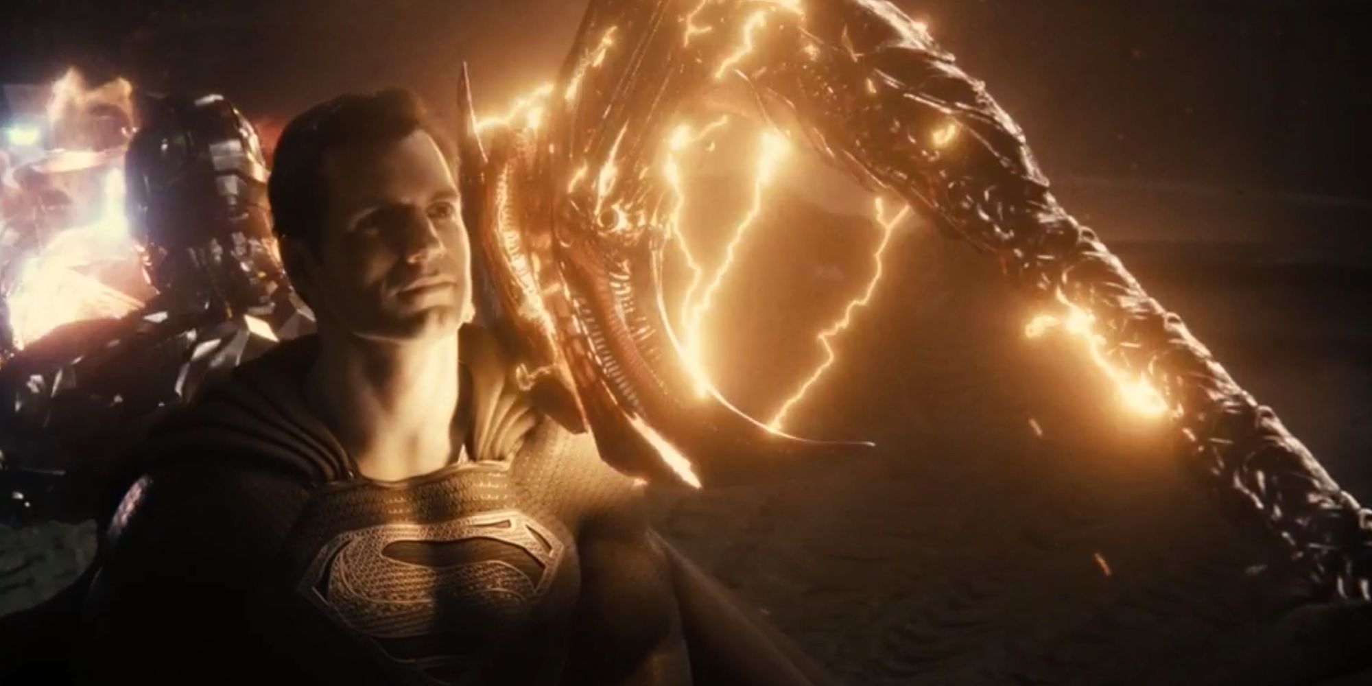 Superman stands in front of Steppenwolf's axe in Zack Snyder's Justice League