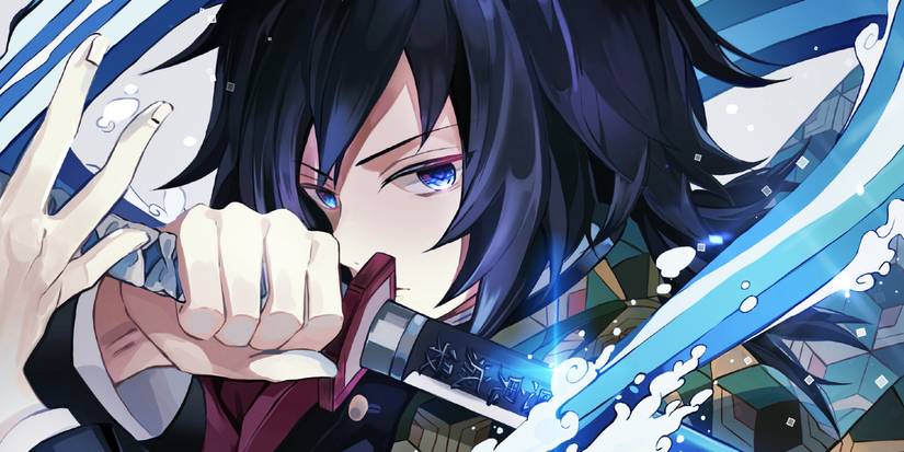 The Water Hashira Giyu Tomioka from Demon Slayer surrounded by a swirl of water