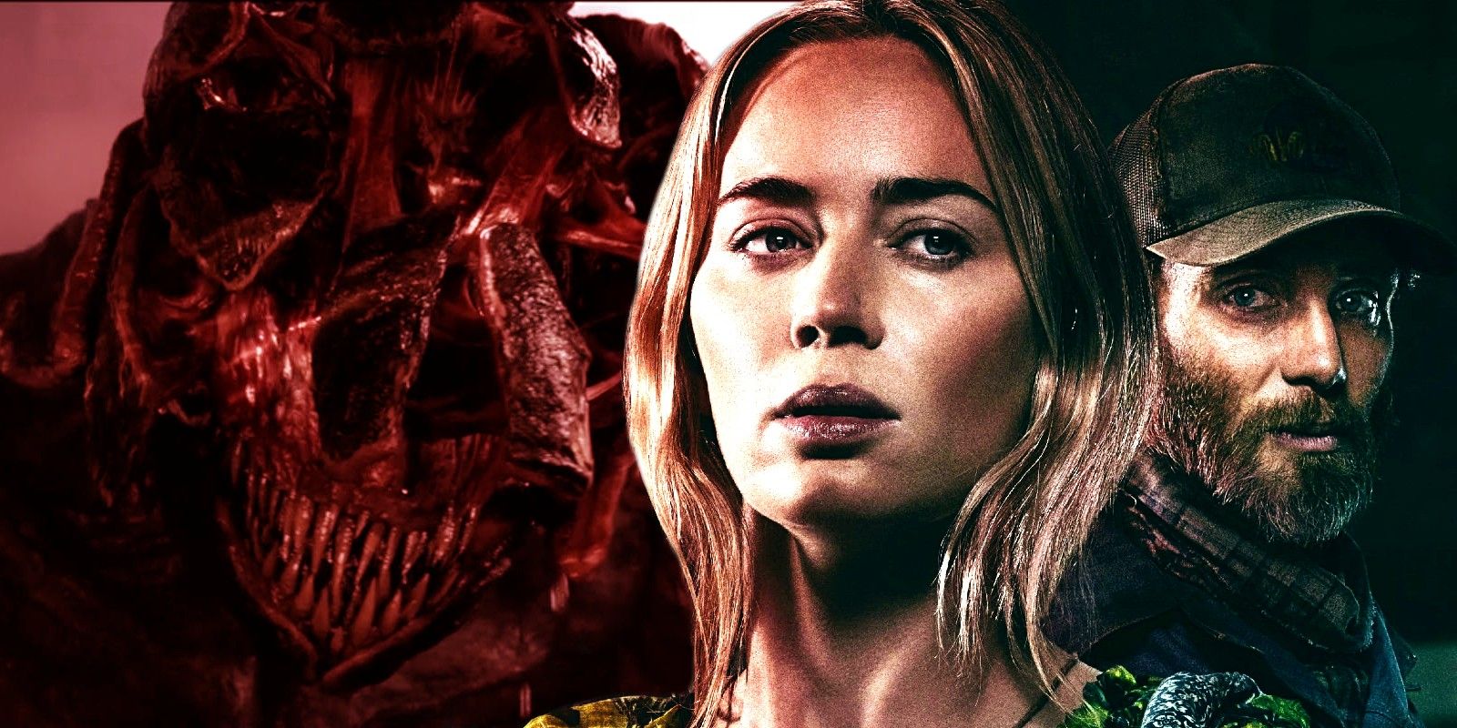 A composite image of Emily Blunt and Cillian Murphy looking on in front of the monster from A Quiet Place