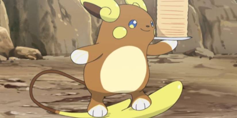 Alolan Raichu holding a plate full of pancakes in Pokemon