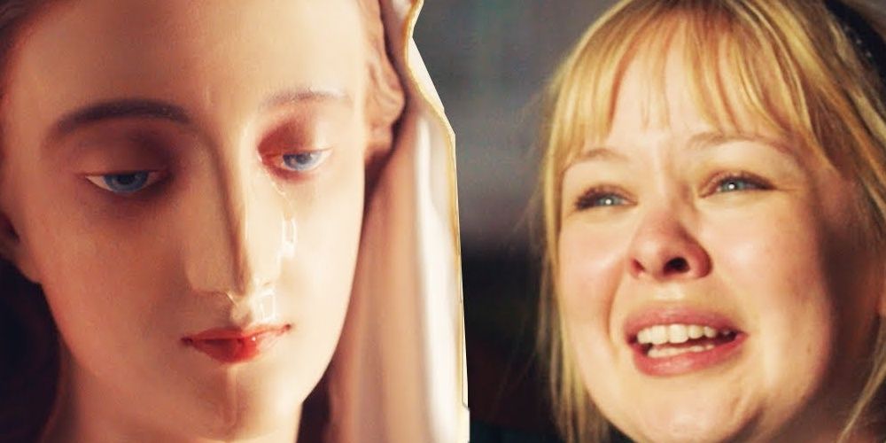 Claire looks at a weeping Virgin Mary statue in Derry Girls
