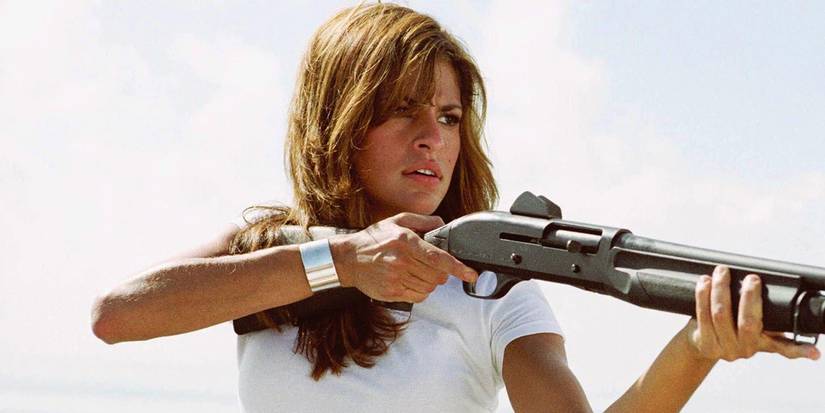 Eva Mendes as Monica Fuentes holds a shotgun in 2 Fast 2 Furious.