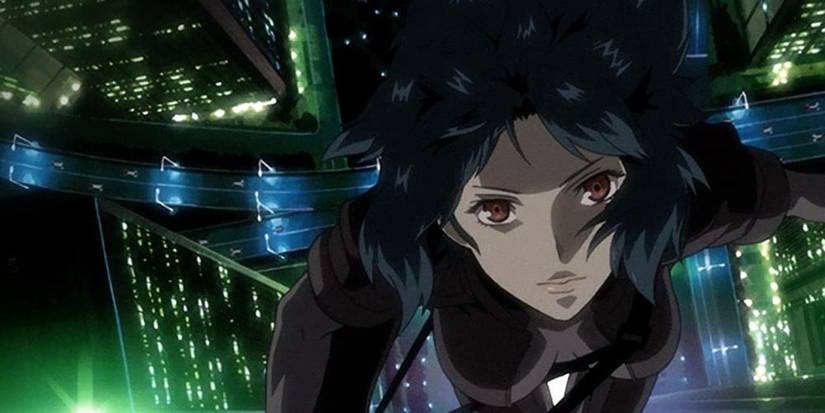 Motoko above the neon city in Ghost in the Shell