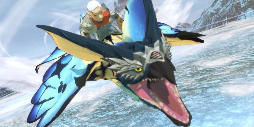 Spieler, der in Monster Hunter Stories 2 auf dem Rücken eines Monsters fliegt.