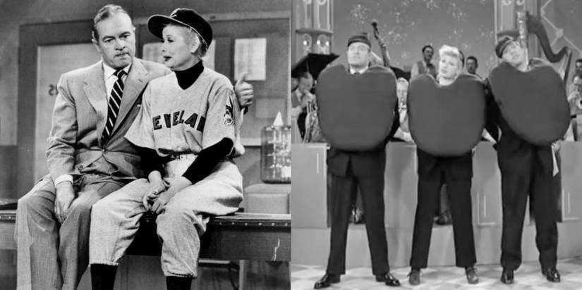 Lucy Ricardo (Lucille Ball) dressed in a baseball uniform with Bob Hope; Lucy Ricardo, Ricky Ricardo (Desi Arnaz) and Bob Hope performing while dressed as baseball umpires in "I Love Lucy."