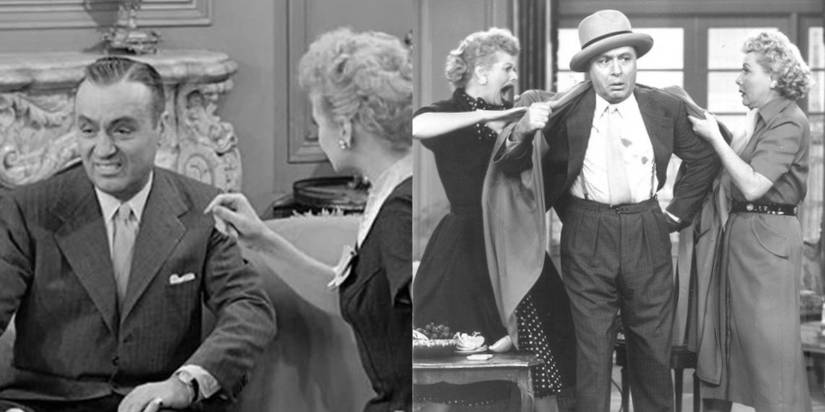 Charles Boyer making a peculiar face with Lucy Ricardo (Lucille Ball); Lucy Ricardo and Ethel Mertz (Vivian Vance) ripping Charles Boyer's jacket in "I Love Lucy."