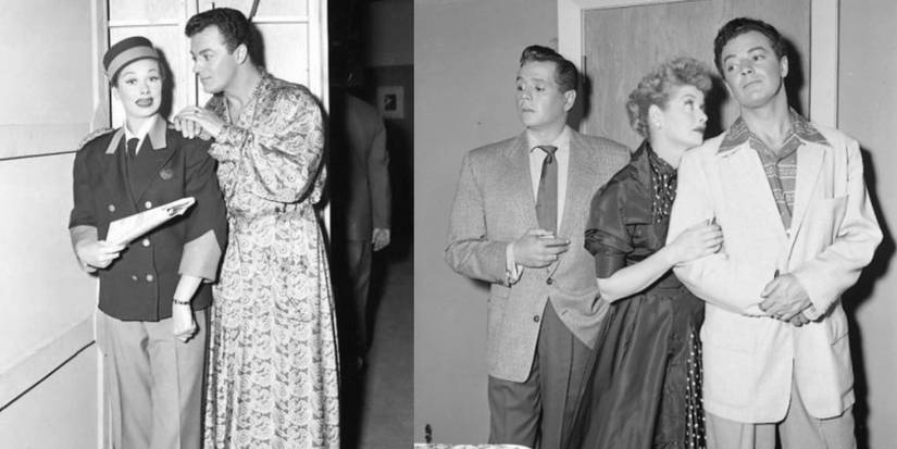 Lucy Ricardo (Lucille Ball) dressed up as a bellboy with Cornel Wilde; Desi Arnaz, Lucille Ball, and Cornel Wilde in "I Love Lucy."