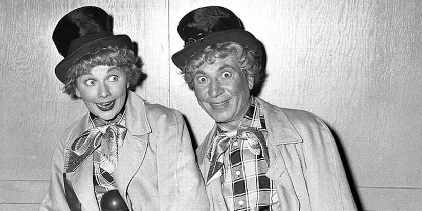 Behind-the-scenes of Lucille Ball and Harpo Marx in "I Love Lucy."