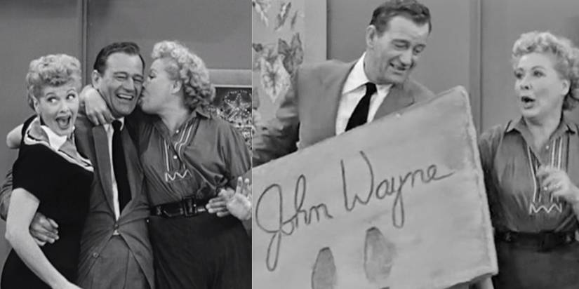 Lucy Ricardo (Lucille Ball) and Ethel Mertz (Vivian Vance) hugging and kissing John Wayne; John Wayne holding his footprints with Ethel Mertz in "I Love Lucy."