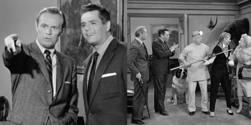 Richard Widmark pointing with Ricky Ricardo (Desi Arnaz); The cast of "I Love Lucy" with Richard Widmark.