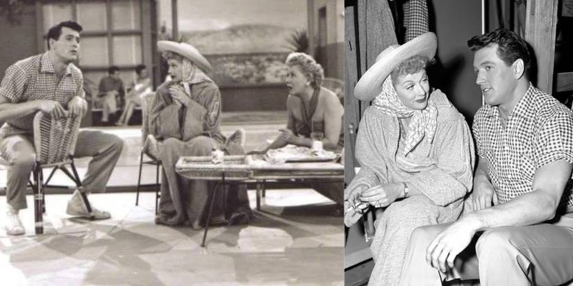 Lucy Ricardo (Lucille Ball) and Ethel Mertz (Vivian Vance) looking at Rock Hudson; Lucille Ball and Rock Hudson behind-the-scenes in "I Love Lucy."