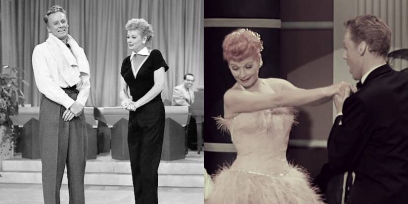 Van Johnson talking to Lucy Ricardo (Lucille Ball); Lucy Ricardo and Van Johnson dancing and performing together in "I Love Lucy."