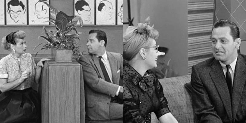 Lucy Ricardo (Lucille Ball) at William Holden at the Brown Derby restaurant; Lucy Ricardo with a fake nose disguise with William Holden in "I Love Lucy."