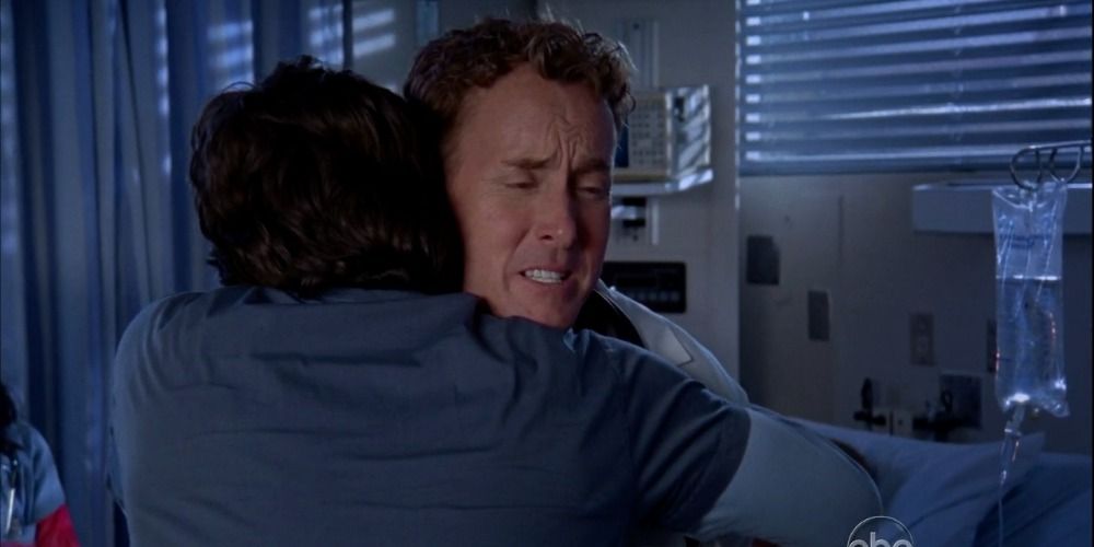 J.D hugs Dr. Cox after he finally admits his true thoughts on J.D. as a person and doctorScrubs My Goodbye finale 1