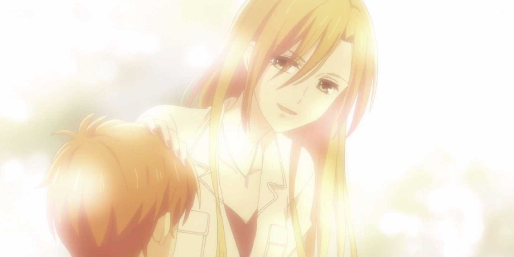 Kyoko and Kyo look at each other in a hazy scene in Fruits Basket