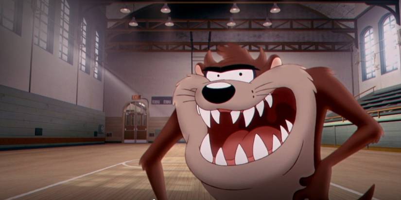 The Tasmanian Devil smiling at a basketball court in Space Jam 2
