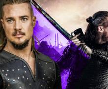 Александр Дреймон в роли Утред в 5 сезоне "Последнего королевства" - на одной фотографии он смотрит вперед, а на другой - кричит и поднимает свой меч