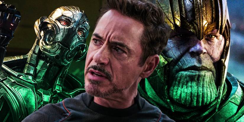 Tony Stark in front of Ultron and Thanos