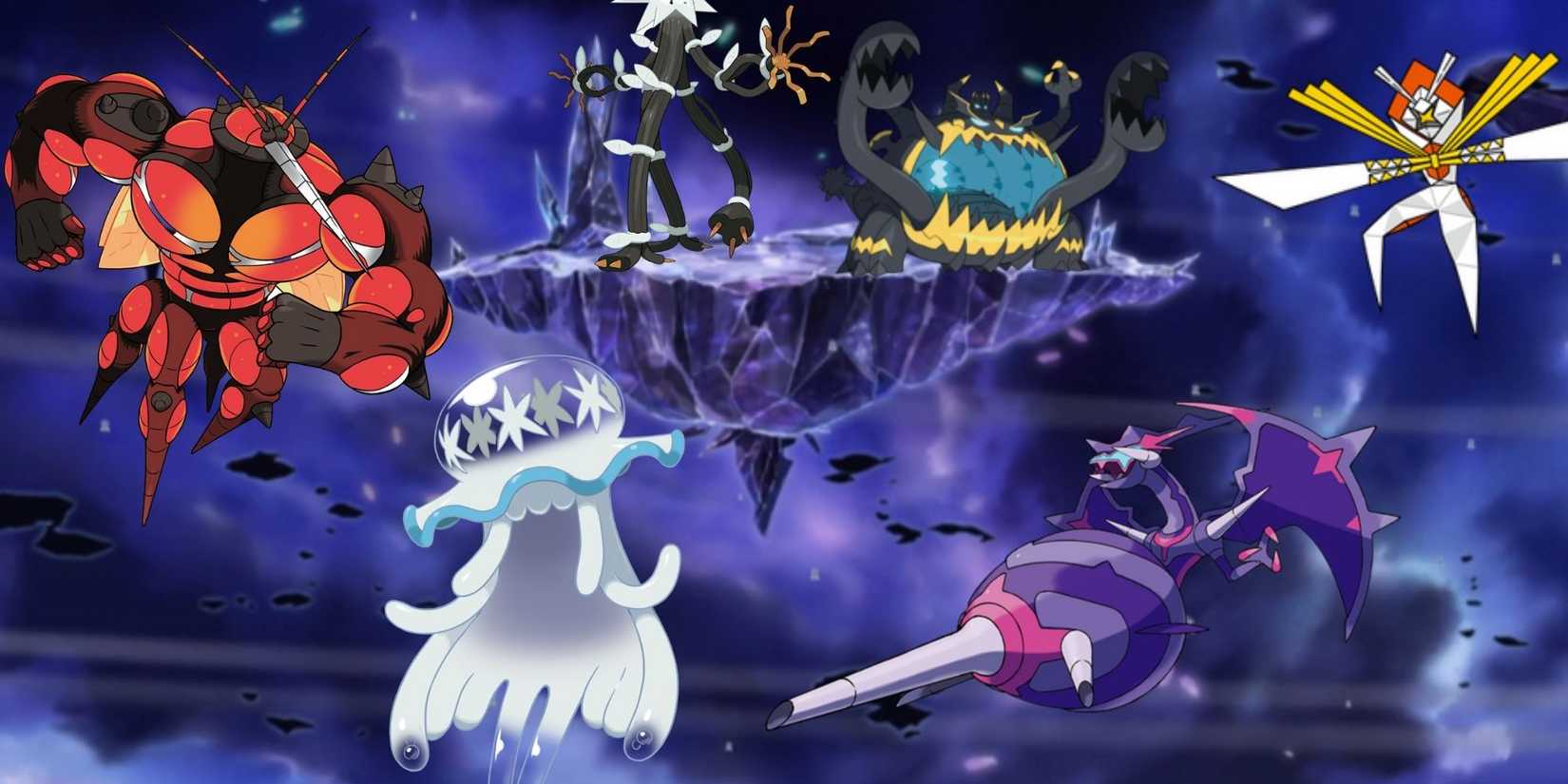 Seis Ultra Beasts en Ultraspace: Buzzwole, Nihilego, Xurkitree, Guzzlord, Naganadel y Kartana