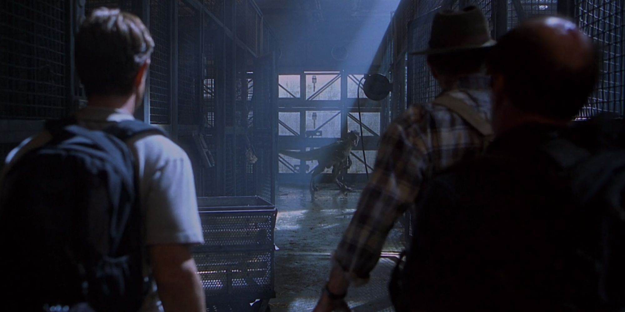 Velociraptor stalking the human characters inside the embryonics lab in Jurassic Park III