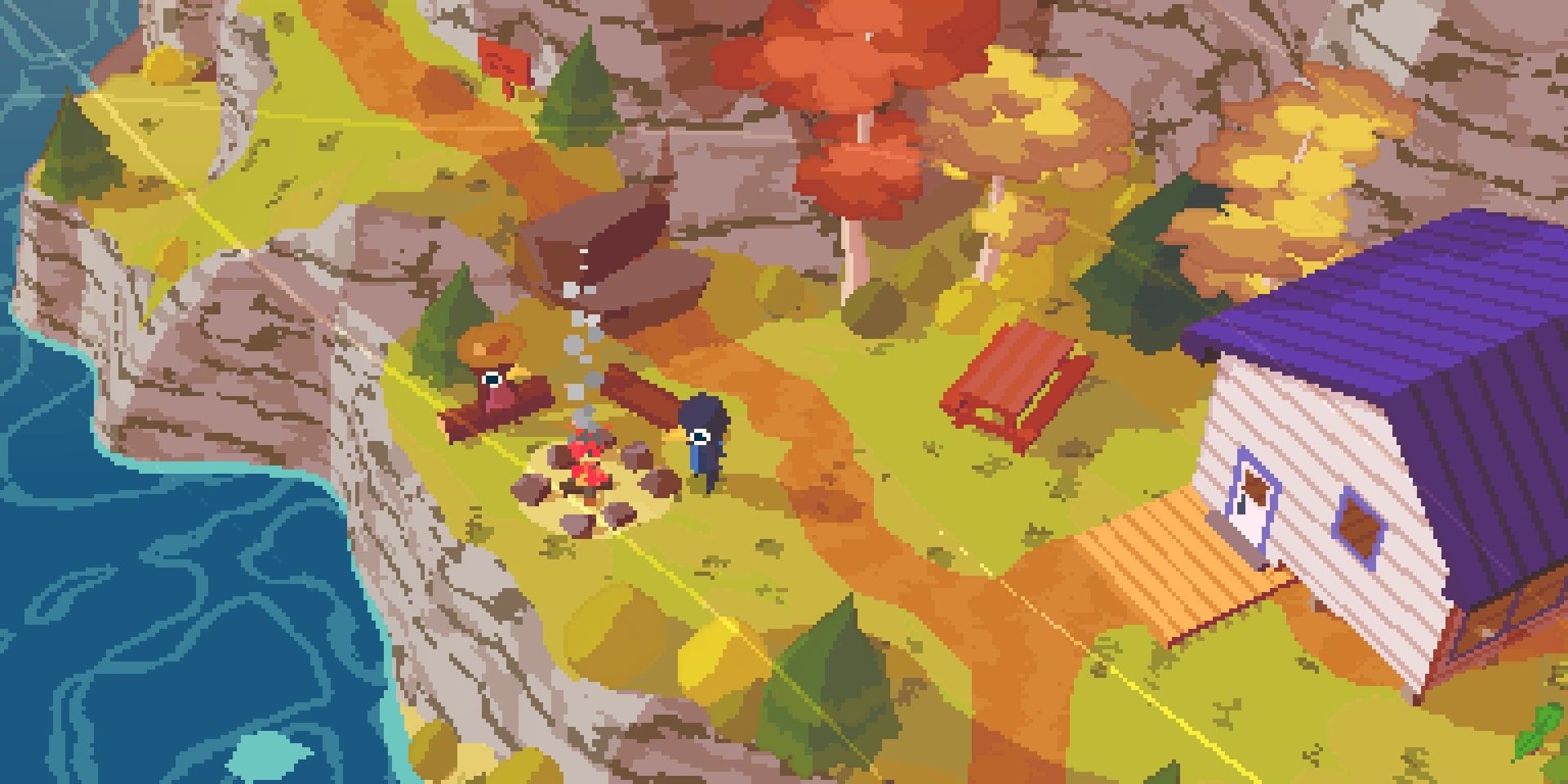 image from the video game A Short Hike featuring a house on a hillside with a river below