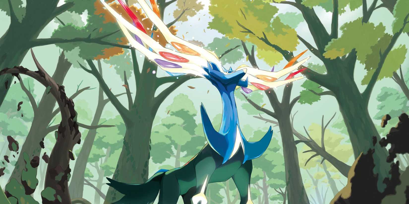 Xerneas in a forest in artwork for Pokémon X & Y