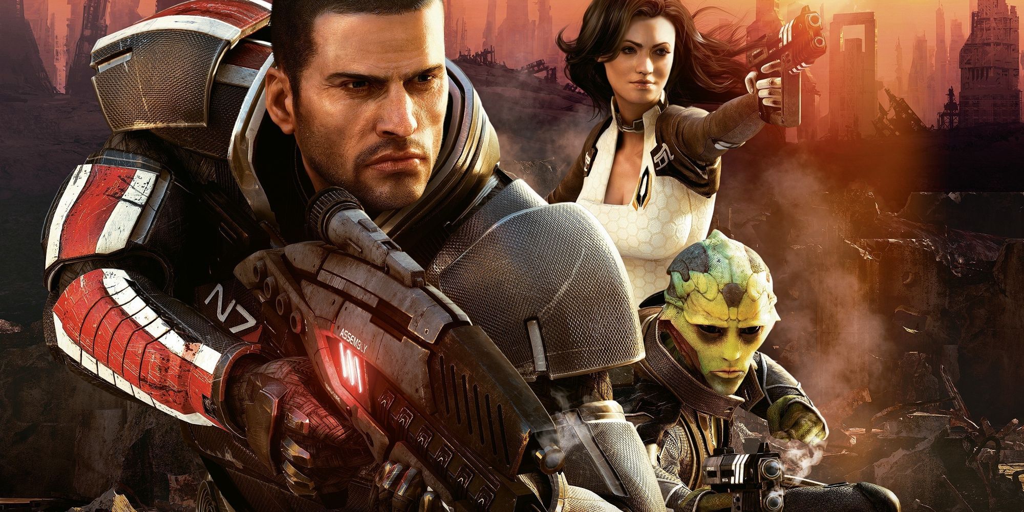 Commander Shepard, Miranda Lawson, and Thane Krios holding firearms in the poster for Mass Effect 2