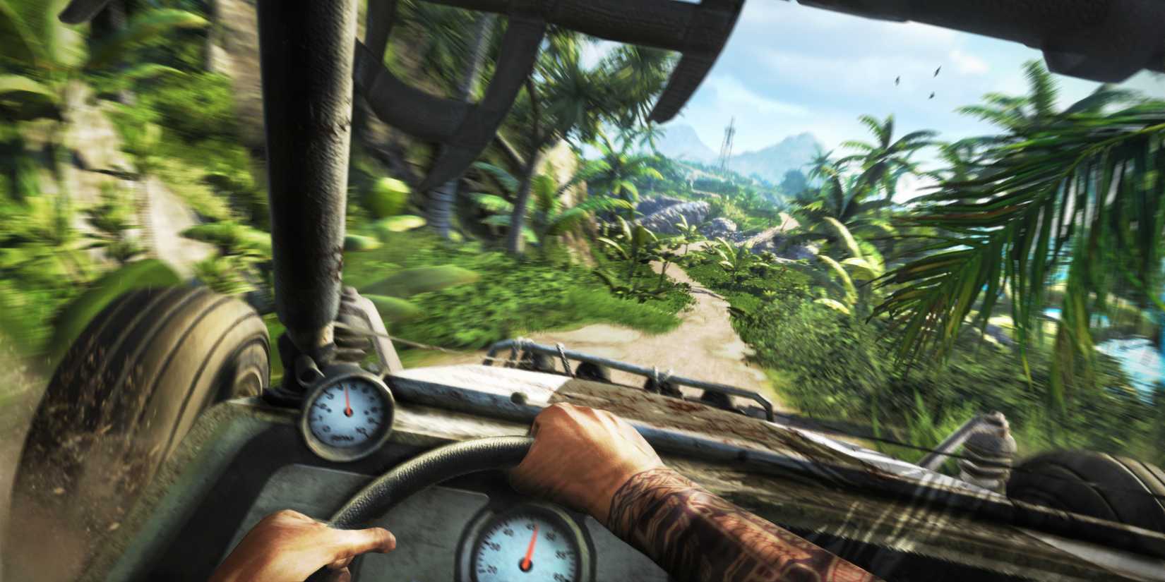 The player driving a jeep down a jungle road in Far Cry 3.