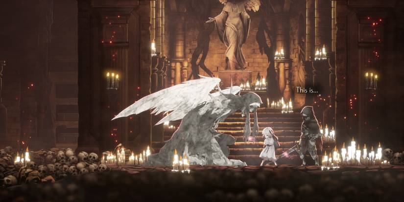 Босс Эндер Лилис, монахиня, наклоняется к игровому персонажу.