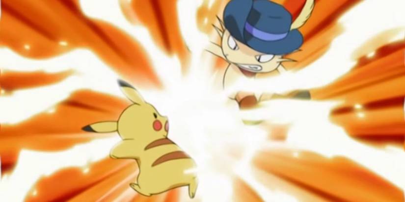 Ash's Pikachu battles Tyson's Meowth at the Ever Grande Conference