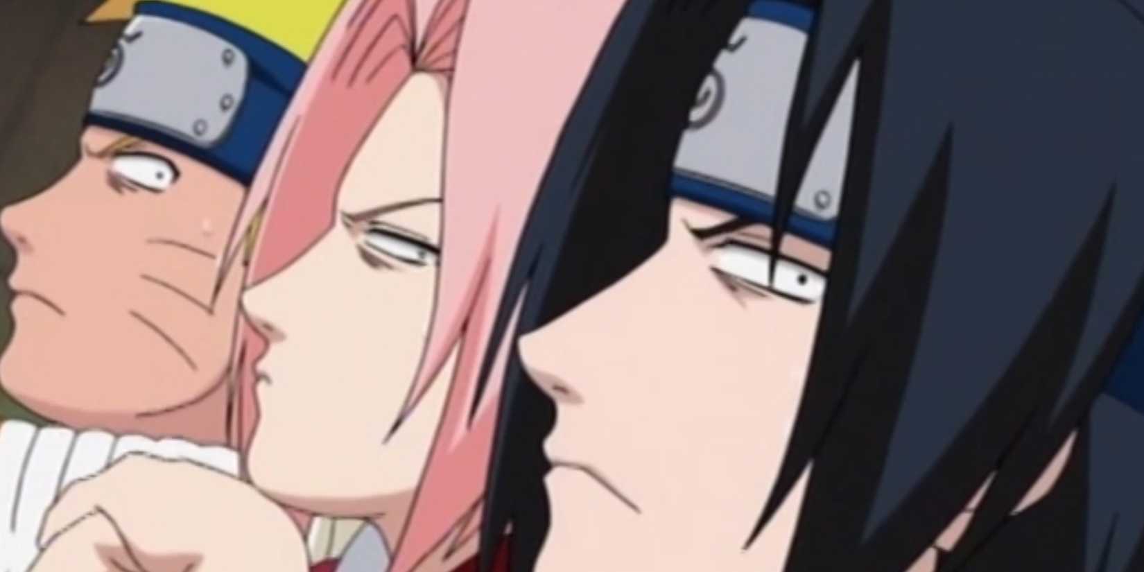 Naruto, Sakura, and Sasuke trying to sneak a peak at Kakashi while he's eating