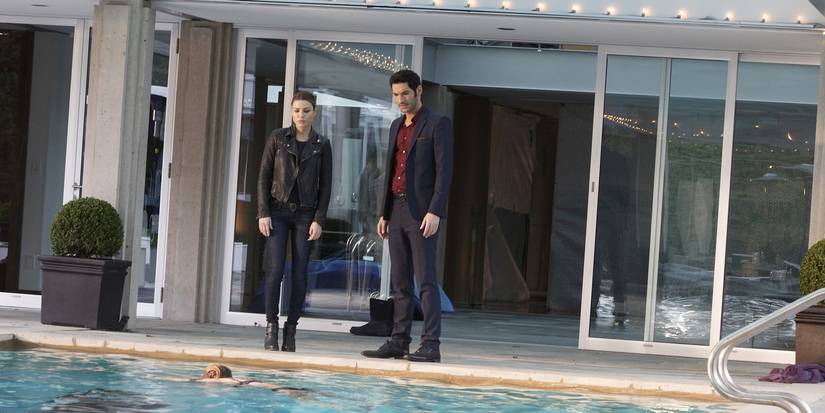 Lucifer and Chloe look at a body in a pool