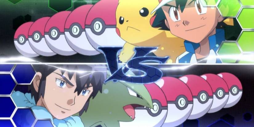 Split image showing Ash and Pikachu, and Alain and Tyranitar