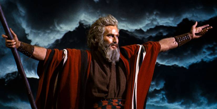 Moses giving the Ten Commandments to the masses.
