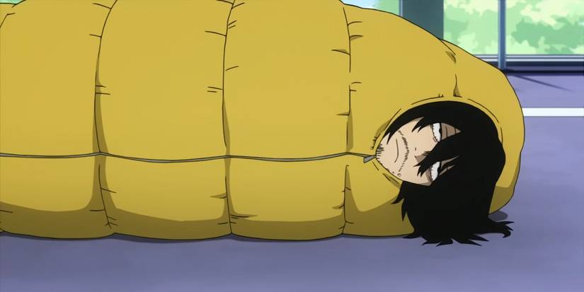 Aizawa in a sleeping bag in My Hero Academia.