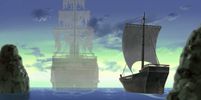 The ghost ship and Naruto's ship sailing side by side in Naruto Shippuden