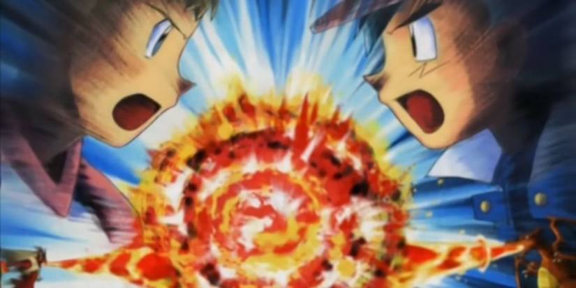 Ash's Charizard and Harrison's Blaiziken use Flamethrower against each other at the Silver Conference