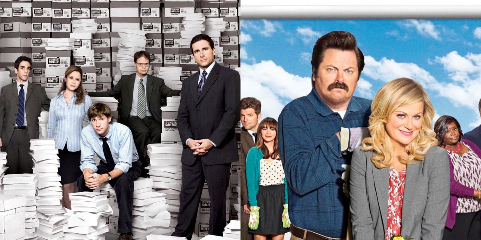 Split image showing the casts of The Office and Parks and Recreation