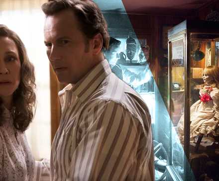 Смешанное изображение, на котором изображены Лоррейн и Эд Уоррен в фильмах *The Conjuring* и Аннабель в их оккультном музее