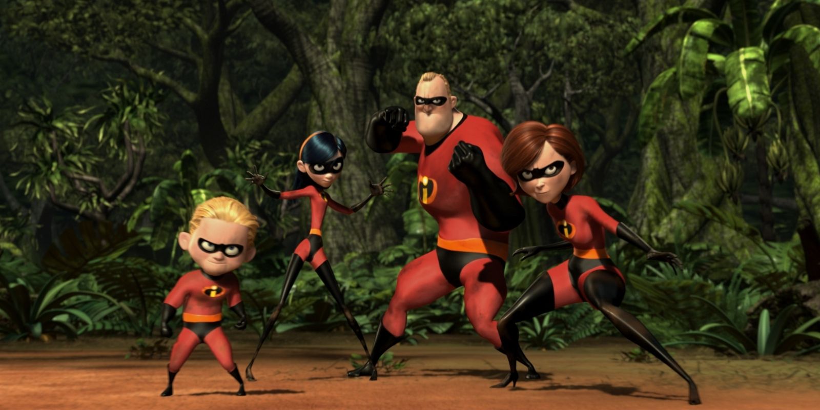 The Incredibles readying for battle in the jungle in The Incredibles