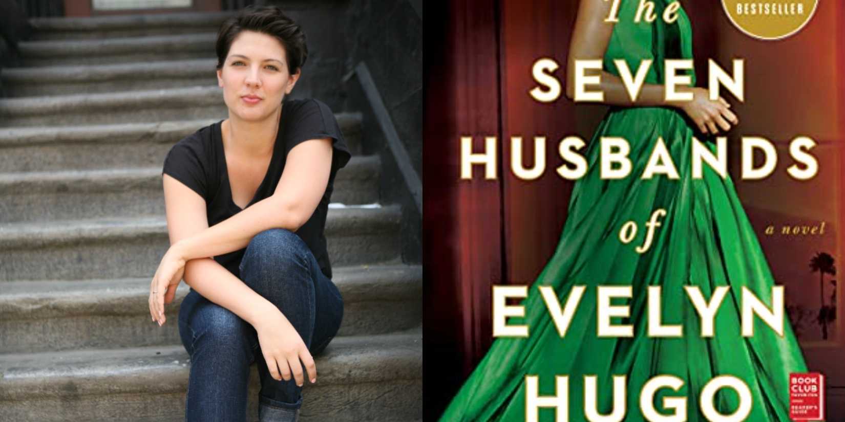 Split image showing Taylor Jenkins Reid, and her book., The Seven Husbands of Evelyn Hugo