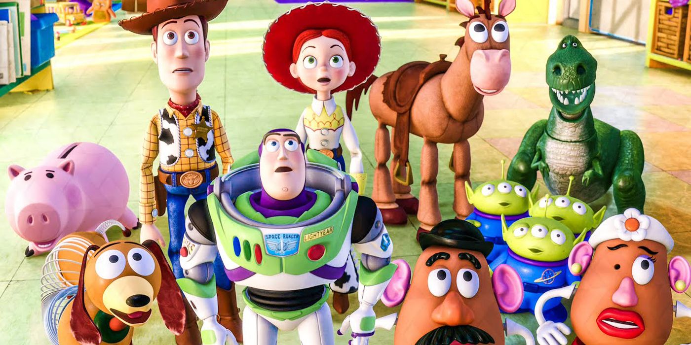 The toys looking on in Toy Story 3