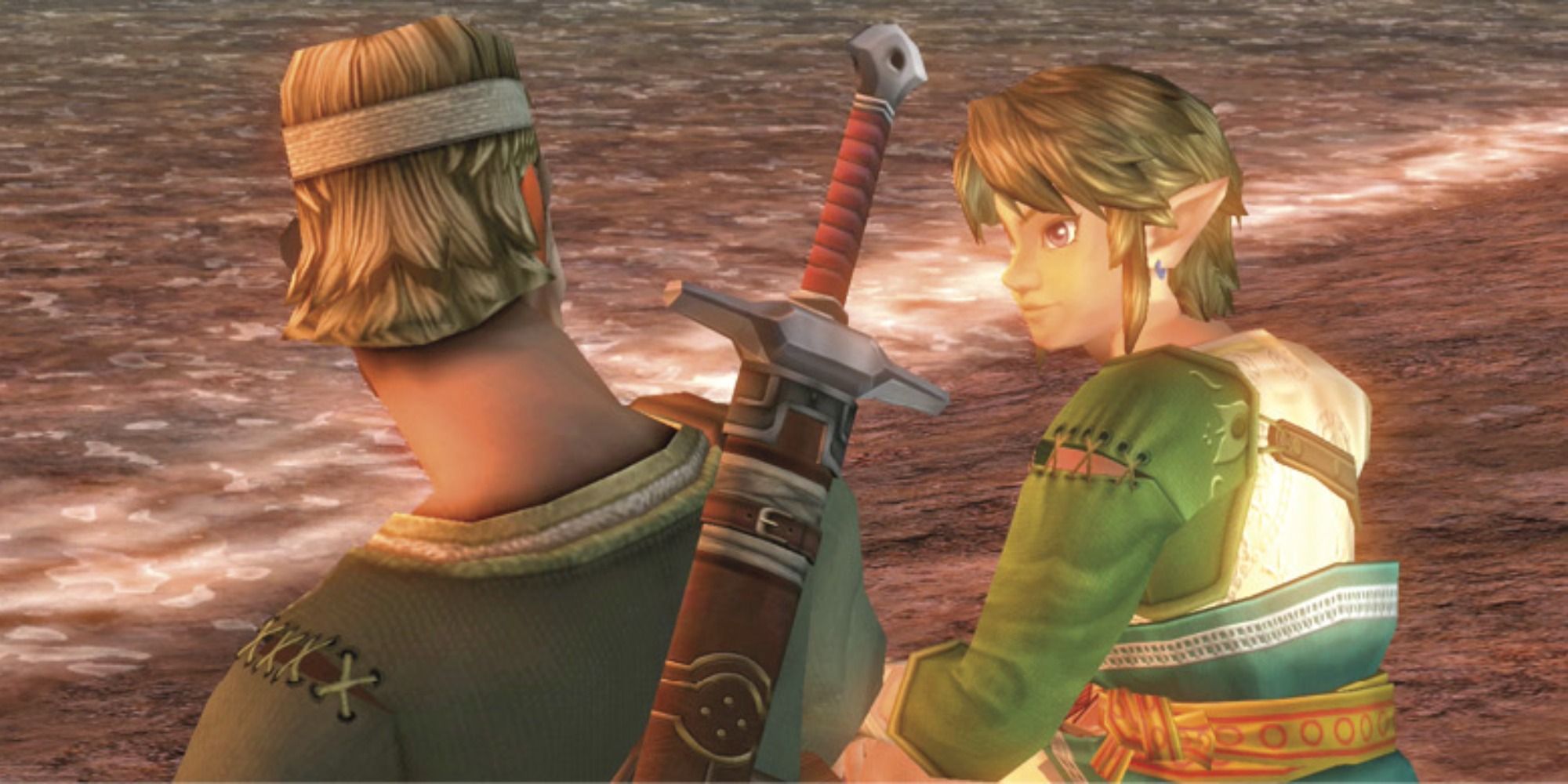 Link em sua roupa de Ordon sentado à beira de um lago.