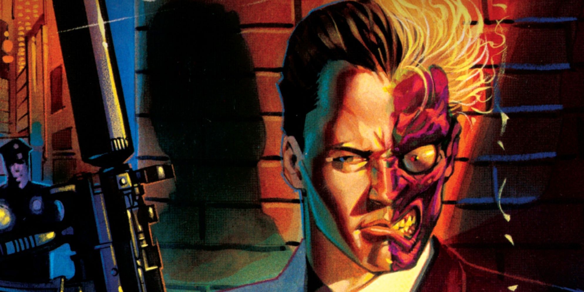 Two Face on the cover of the comic Batman Arkham Two Face with a menacing expression holding a gun