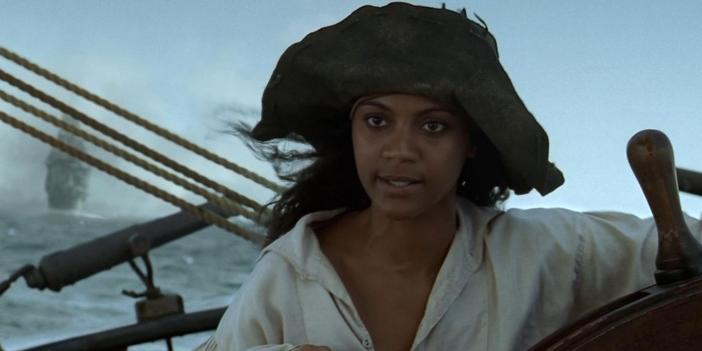 Zoe Saldana as a pirate on the ship in The Curse of the Black Pearl