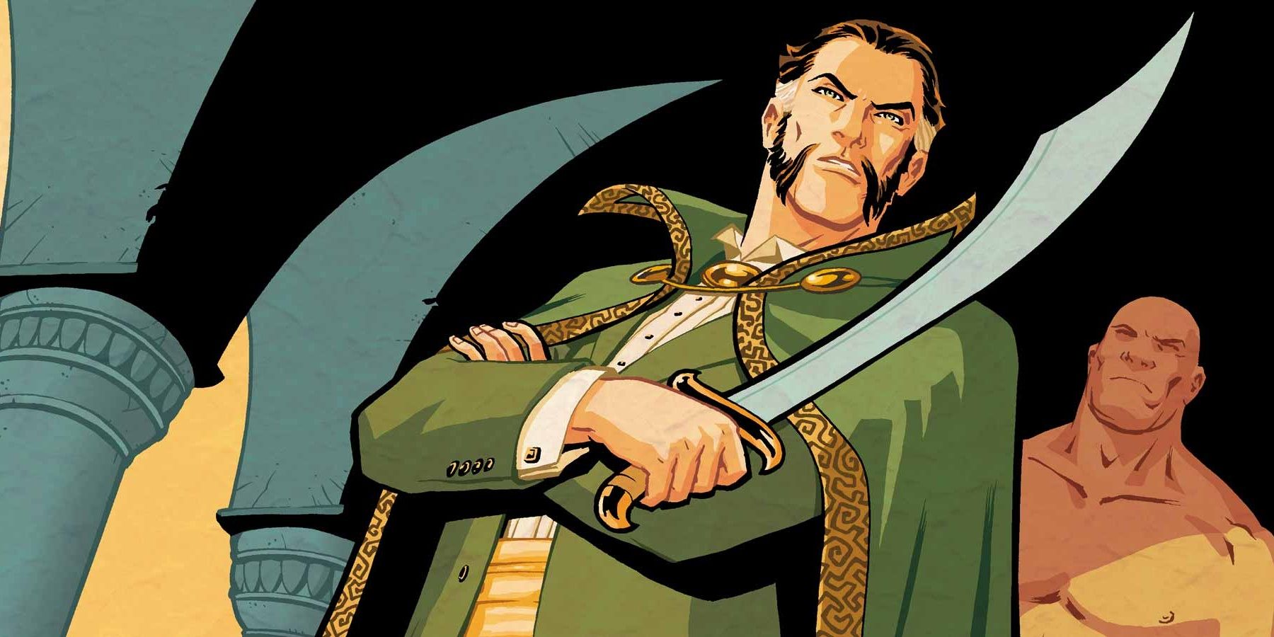image of the Batman villain Ras al Ghul wearing a green cape while holding an Arabian sword